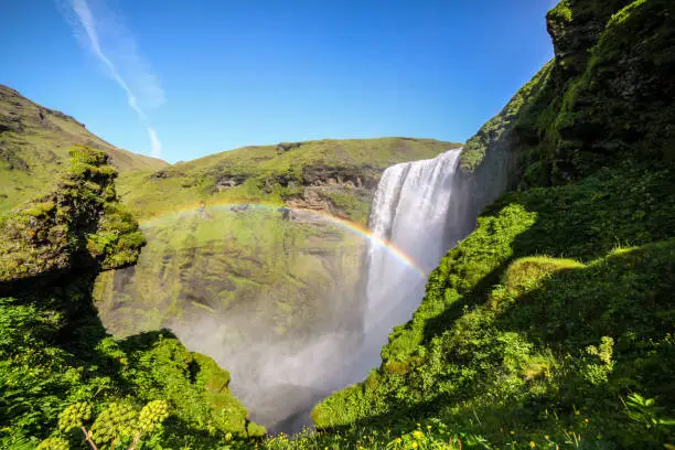 Photo of Icelandic waterfall Skogafoss with a rainbow and green moss. Icelandic waterfall. Skogafoss waterfall. Natural tourist attraction of Iceland. Summer landscape on a sunny day. Amazing landscape