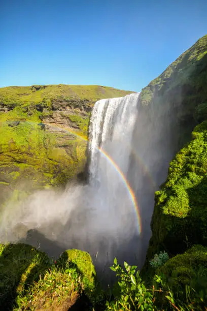 Photo of Icelandic waterfall Skogafoss with a rainbow and green moss. Icelandic waterfall. Skogafoss waterfall. Natural tourist attraction of Iceland. Summer landscape on a sunny day. Amazing landscape