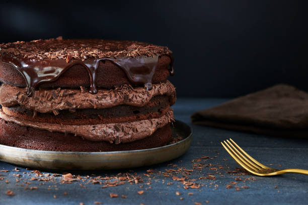 hausgemachte dreilagige schokoladenkuchen - chocolate cake stock-fotos und bilder