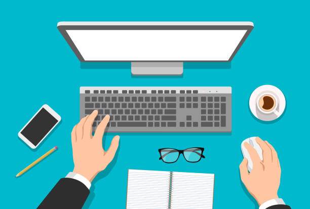 Vector flat illustration of man's hands working on computer with coffee, notebook, glasses and phone on the table - top view workplace Vector flat illustration of man's hands working on computer with coffee, notebook, glasses and phone on the table - top view workplace business person typing on laptop stock illustrations