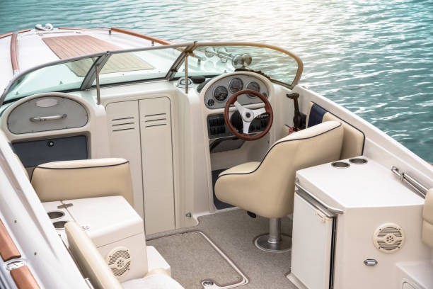Empty cockpit of a moored speedboat