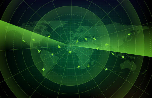 abstract background of futuristic technology screen scan flight radar airplane route path and red plane intruder abstract background of futuristic technology screen scan flight radar airplane route path and red plane intruder flight radar screen stock illustrations