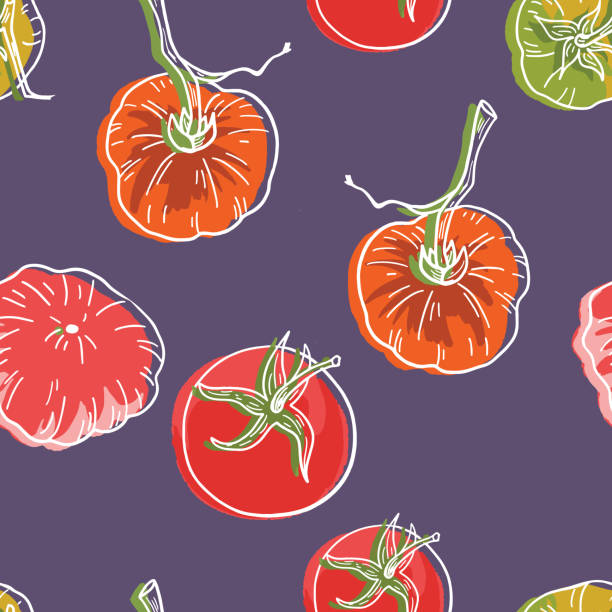ilustrações, clipart, desenhos animados e ícones de padrão sem emendas de tomates desenhados à mão - heirloom tomato illustrations