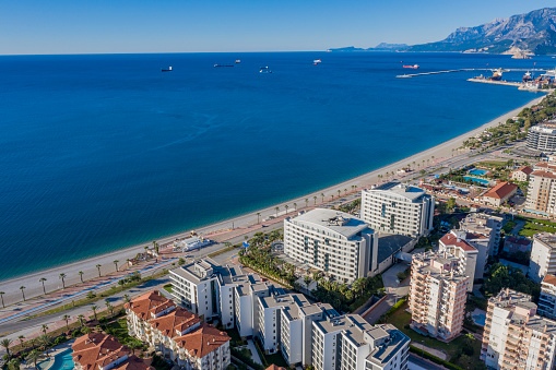 Aerial view of Antalya Konyaalti Beach and buildings. Antalya, Turkey.Taken via drone.