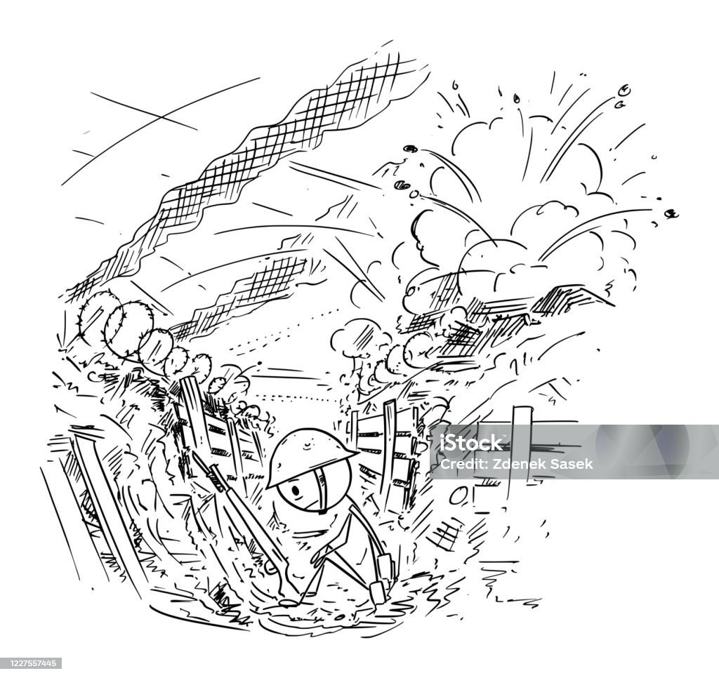 Vector Cartoon Illustration Of Tired Or Depressed Soldier Sitting In Trench  While Battle Or War Is Raging Around Stock Illustration - Download Image  Now - iStock