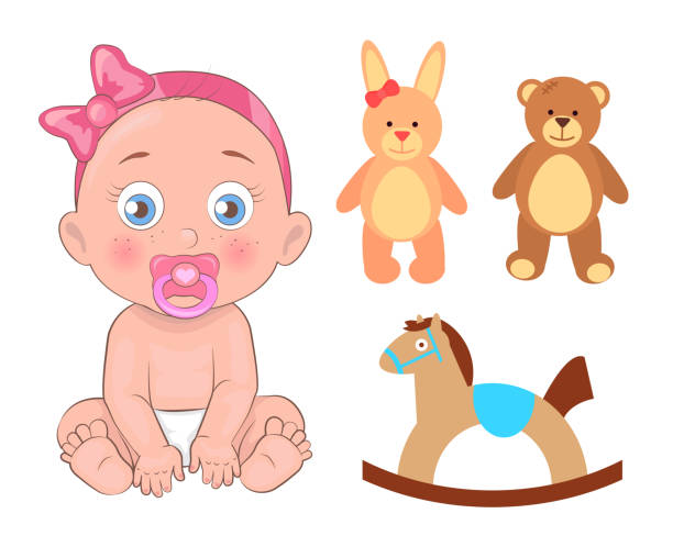 Baby Girl in Pink Ribbon with Pacifier and Toys Baby girl that has pink ribbon on head tied in bow with pacifier and toys. Little kid, soft bunny, friendly bead, horse swing vector illustrations. newborn horse stock illustrations