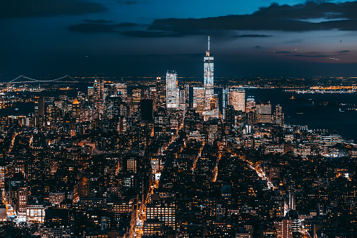 Aerial View of Manhattan Downtown Skyline at Night