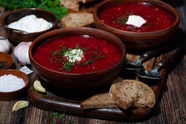 istock traditional russian dish borsch with sour cream and dill 1227562799