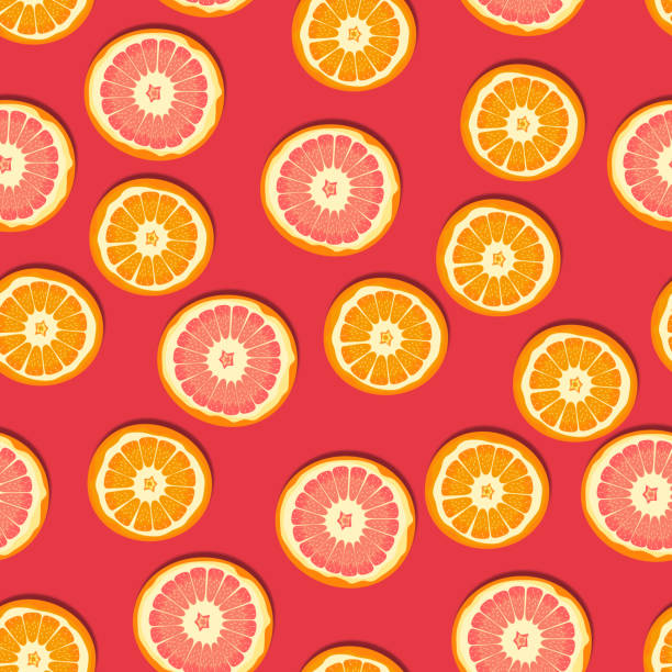 illustrations, cliparts, dessins animés et icônes de modèle sans couture de vecteur d’orange et de pamplemousse sur fond rouge. agrumes frais d’été. - lemon portion citrus fruit juice