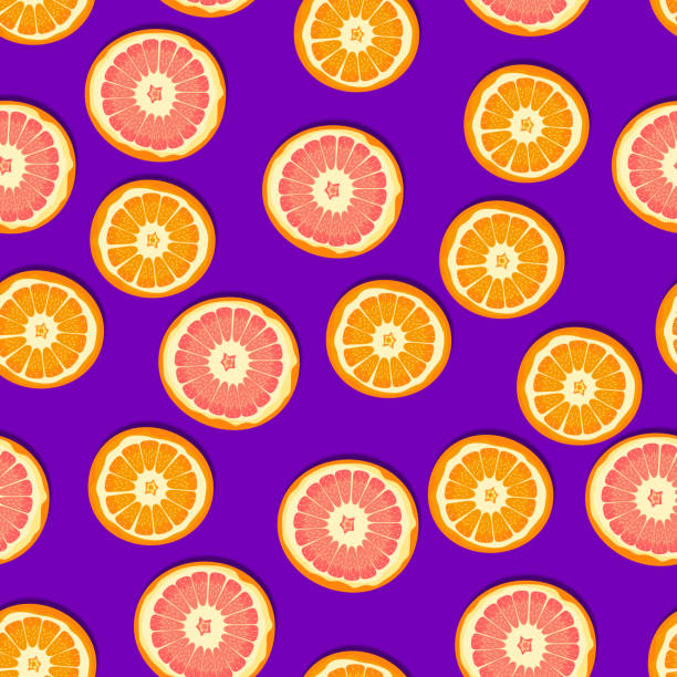 wektorowy bezszwowy wzór pomarańczy i grejpfruta na fioletowym tle. świeże letnie owoce cytrusowe. - grapefruit backgrounds circle citrus fruit stock illustrations