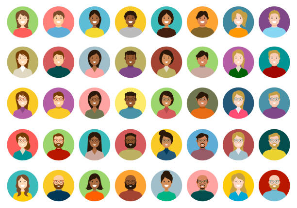 люди аватар круглый набор иконок - профиль разнообразные лица для социальной сети - вектор абстрактной иллюстрации - скрытое лицо stock illustrations