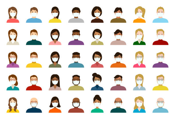 stockillustraties, clipart, cartoons en iconen met mensen avatar in medical masks icon set - profiel diverse gezichten voor sociaal netwerk - vector abstracte illustratie - man met mondkapje