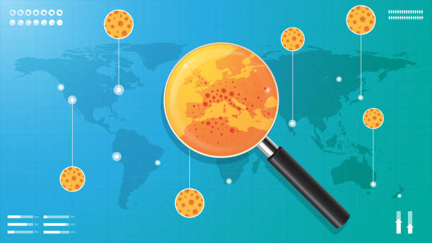 ilustrações, clipart, desenhos animados e ícones de mapa pandemia mundial com elementos infográficos sob lente de ampliação - bacterium virus magnifying glass green