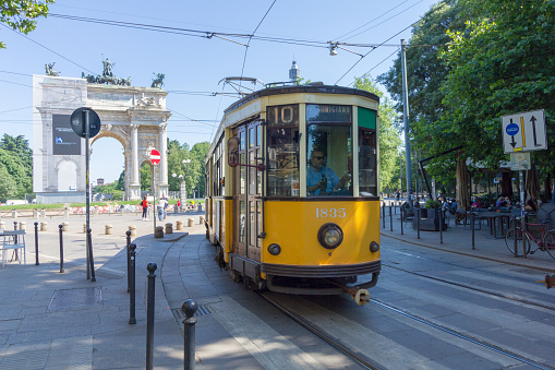 Low section view of tram on city street, Berlin Prenzlauer Berg