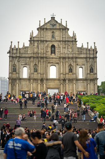 Ruin of St Paul, Macau - January 2018 : Too many people are coming to visit the Ruin of St Paul gate, which is the most famous landmark of Macau.