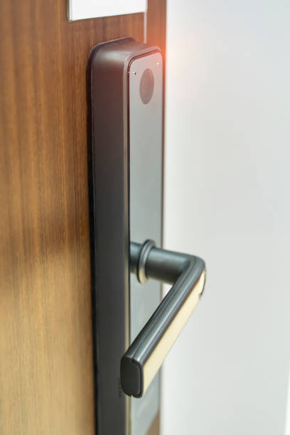 istock smart video lock to open security door in private building 1227567712
