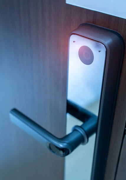 istock smart video lock to open security door in private building 1227567812
