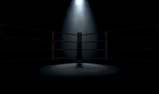 A dramatic closeup of a dimly spotlit corner of a boxing ring surrounded by ropes on a dark isolated background - 3D render