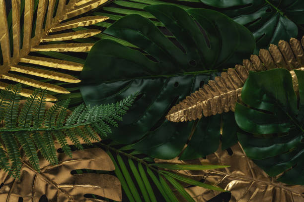 istock Creative layout with gold and green tropical palm leaves on black background. Minimal summer abstract pattern. 1227568665