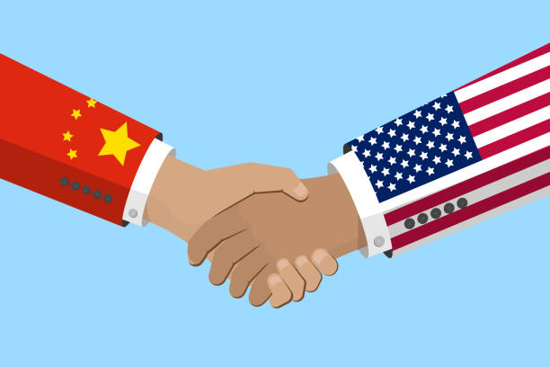 USA and China relations concept. handshake symbol with flags on sleeves. Stock vector illustration in flat design. vector art illustration