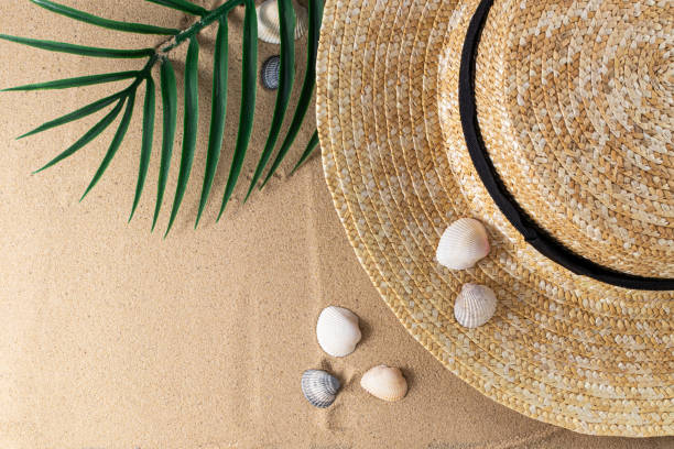 istock Summer vacation concept. Hat and shells on sand background with a copy of space. Summer background 1227571260