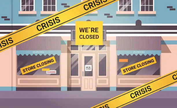 Vector illustration of empty closed flower shop with yellow bankruptcy closing tape coronavirus pandemic quarantine covid-19