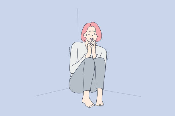Despair, frustration, fear, mental stress concept. Despair, frustration, fear, mental stress concept. Young terrified scared girl or woman cartoon character sitting in corner and shaking from fear. Family violence problem or psychological phobia. sheepish look stock illustrations