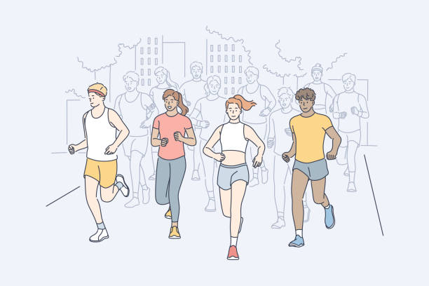 sport, joggen, marathon, aktivitätskonzept - urban man stock-grafiken, -clipart, -cartoons und -symbole