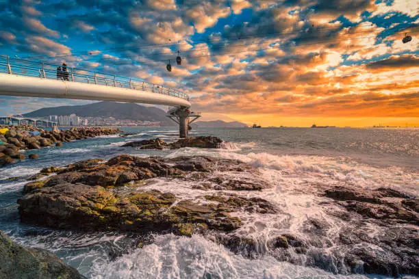 Busan city with Songdo Skywalk at sunset in Busan, South Gyeongsang Province, South Korea.