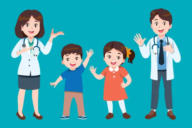 Vector illustration of The doctor invites children to come for annual health checkup or to check for diseases with relax. Professional General Medical Pediatrician character.