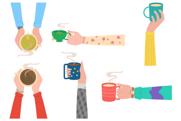 손, 머그컵. - tea hot drink cup dishware stock illustrations
