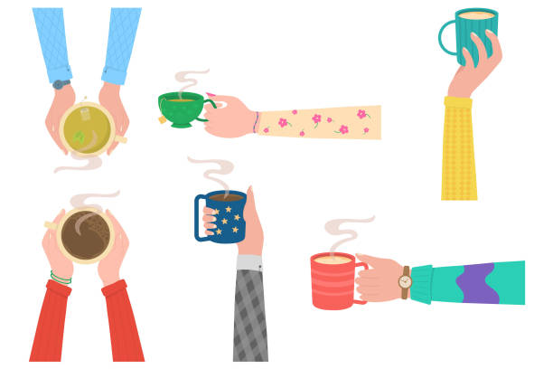 Hands, mug cup. Human hands with tea mug cup. Human hands holding cups or mugs with hot drinks, flat cartoon vector illustration isolated on white background. Coffee time, coffee break concept. cup of tea hands stock illustrations
