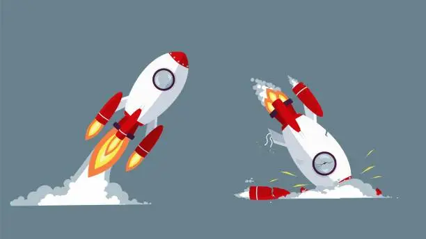 Vector illustration of Cartoon rocket taking off and crash vector graphic illustration. Startup launch and failure