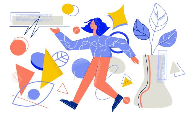 istock Cartoon female creative person designer surrounded by different geometric shapes flat illustration 1227584476