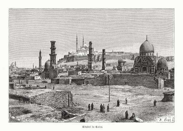 historische ansicht der zitadelle von kairo, ägypten, holzschnitt, veröffentlicht 1891 - egypt islam cairo mosque stock-grafiken, -clipart, -cartoons und -symbole