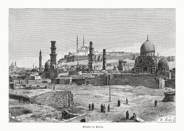 illustrations, cliparts, dessins animés et icônes de vue historique de la citadelle du caire, egypte, gravure sur bois, publié en 1891 - egypt islam cairo mosque