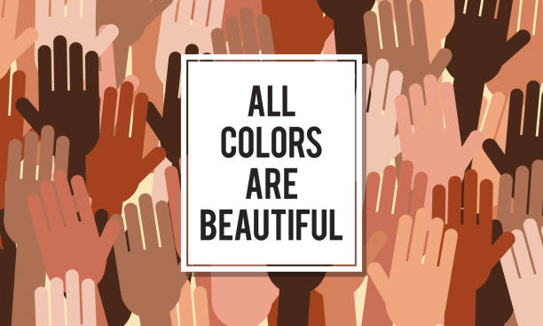 所有顏色都是美麗的向量插圖。平等和沒有種族主義的概念。 - 舉手 插圖 幅插畫檔、美工圖案、卡通及圖標
