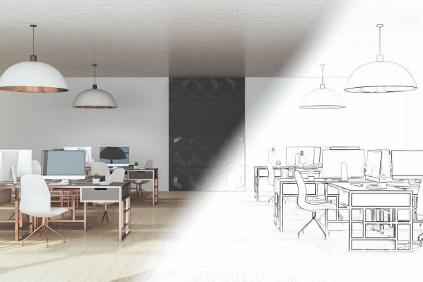 istock Drawing coworking office interior with equipment 1227590282