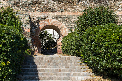 Thessaloniki, Greece - September 22, 2019: Ruins of Ancient walls at Fortification in city of Thessaloniki, Central Macedonia, Greece