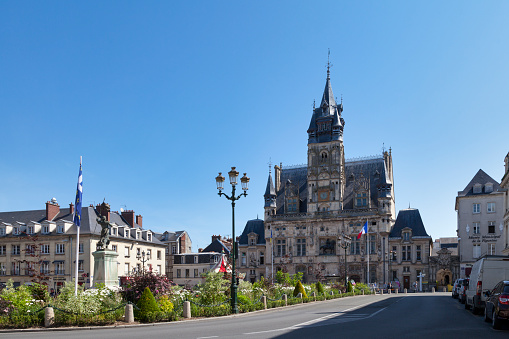 Compiègne, France - May 27 2020: The town hall of Compiègne was built in the 16th century. It remains an example of civil architecture in the Louis XII style of the first decades of the 16th century.