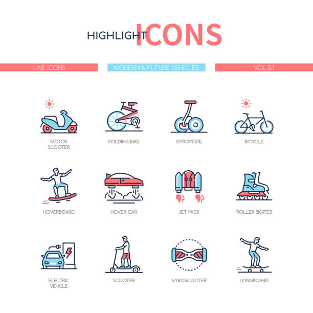 Modern and future vehicles - line design style icons set Modern and future vehicles - line design style icons set. Urban transport idea. Motor scooter, folding bike, gyropode, hoverboard, jet pack, roller skates, electric car, gyroscooter, longboard red white blue bike stock illustrations