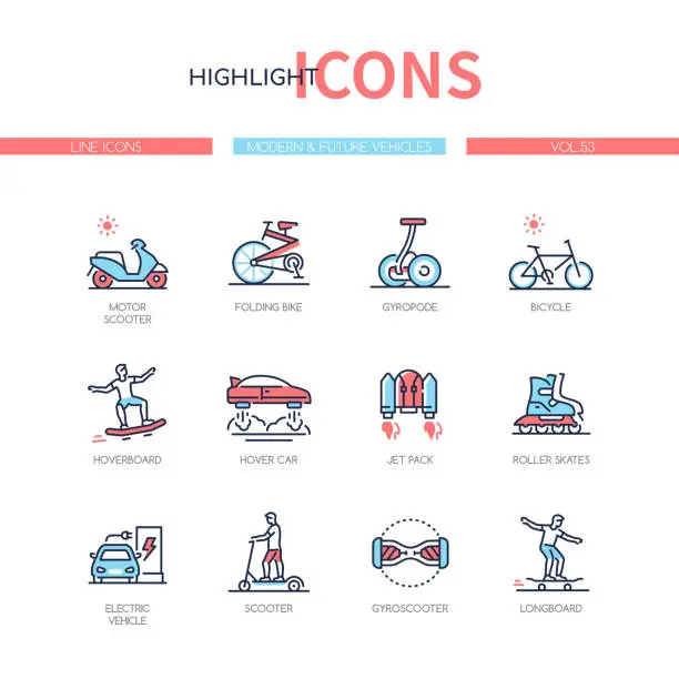 Vector illustration of Modern and future vehicles - line design style icons set