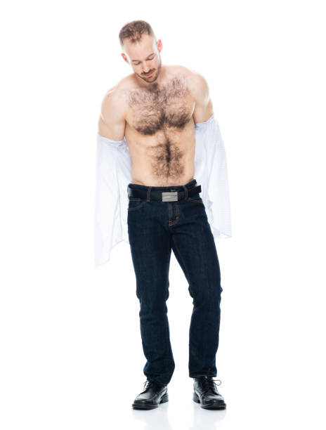 stripper homem caucasiano na frente de fundo branco vestindo camisa - shirt fully unbuttoned men torso - fotografias e filmes do acervo