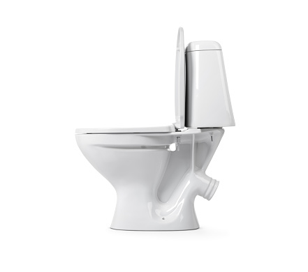 Side view open toilet bowl, isolated on white background. File contains a path to isolation.