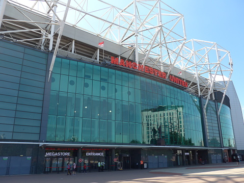 Old Trafford Stadium of Manchester United England football club. The stadium is now empty because of the COVID-19 disease