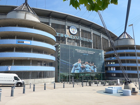 Etihad Stadium of Manchester City soccer club. The stadium is now empty because of the COVID-19 disease