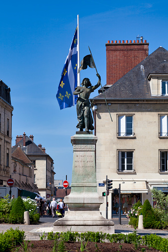 Compiègne, France - May 27 2020: In the center of the town hall square, since October 1880, stands the statue of Joan of Arc by Frédéric-Étienne Leroux.