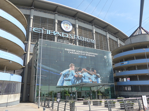 Etihad Stadium of Manchester City soccer club. The stadium is now empty because of the COVID-19 disease