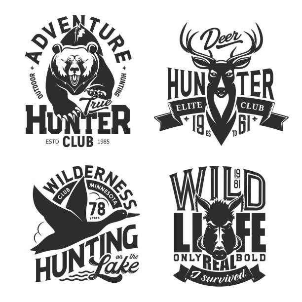 Hunting sport t-shirt prints, vector Hunting sport t-shirt prints, isolated vector monochrome icons. Wild animals chase t-shirt print templates. Hunting outdoor adventure deer antlers, grizzly bear, boar and flying duck minnesota illustrations stock illustrations