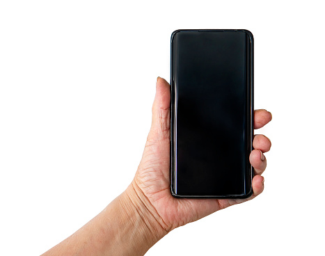 Senior woman hand holding phone isolated on white background